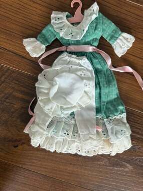 Vintage Doll Green Dress And White Bonnet With Pink Ribbon